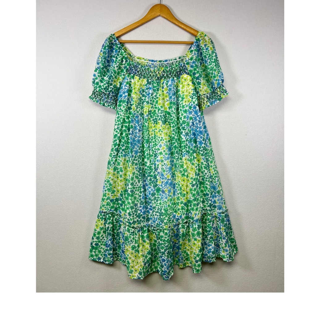 Indigo Rose Floral Mini Dress Women Size M Green Blue Smocked Puff Sleeve Tiered